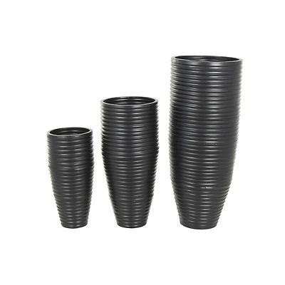 Black Ribbed Floor Metal Vase Set with Horizontal Grooves