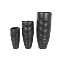 Black Ribbed Floor Metal Vase Set with Horizontal Grooves