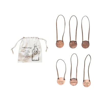 Hello Honey® Antique Copper Holiday Sentiments Metal Bottle Tags with Leather Ties, 6ct.