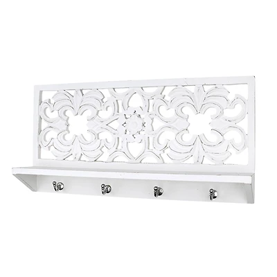 24" White Hand-Carved Wall Shelf & Coat Rack