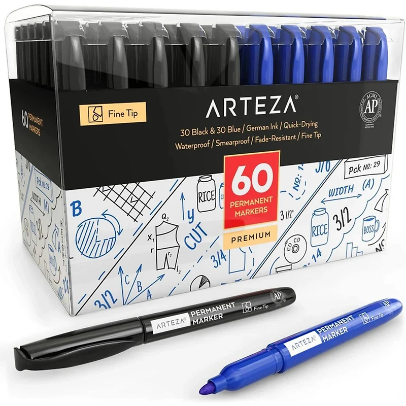 Arteza® 60 Piece Blue & Black Fine Tip Permanent Marker Set
