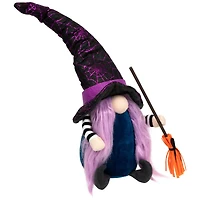 15" Black & Purple Halloween Gnome Witch with Broom