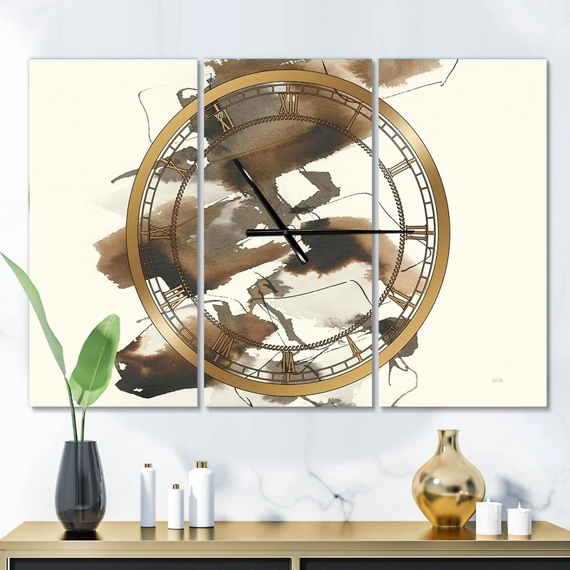 Designart Gold Glam Squares I Modern 3 Panel Wall Clock