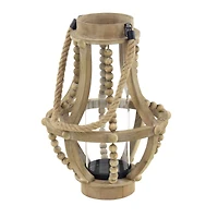 Beige Recycled Wood Farmhouse LED Lantern, 16" x 10" x 10"