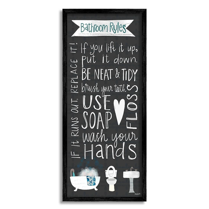 Stupell Industries Bathroom Rules Sign Whimsical Tub Toilet Sink Framed Wall Art