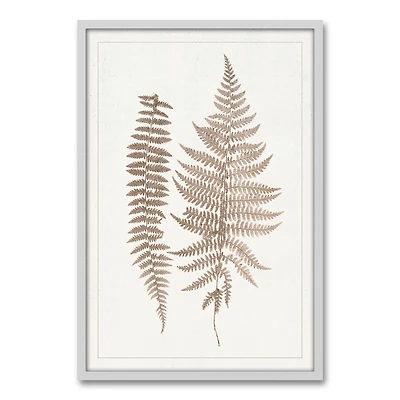 Tan Vintage Ferns I White Framed Canvas