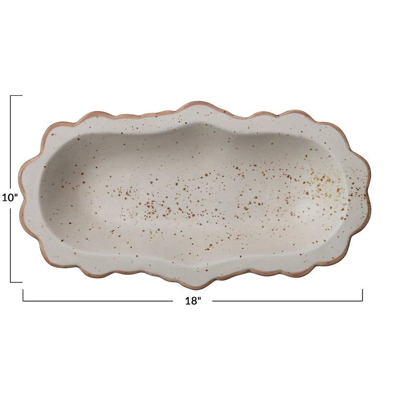 Hello Honey® 18" Ivory & Brown Speckled Stoneware Platter with Scalloped Edge