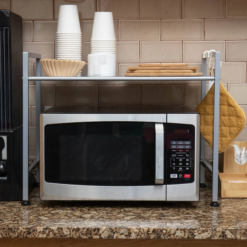 Mind Reader Silver Metal Rack Utility Shelf and Microwave Stand with Two Hooks
