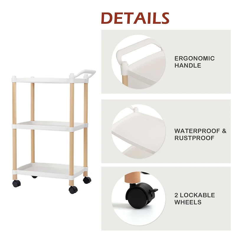 White Utility Cart 3-Tier Kitchen Rolling Organizer