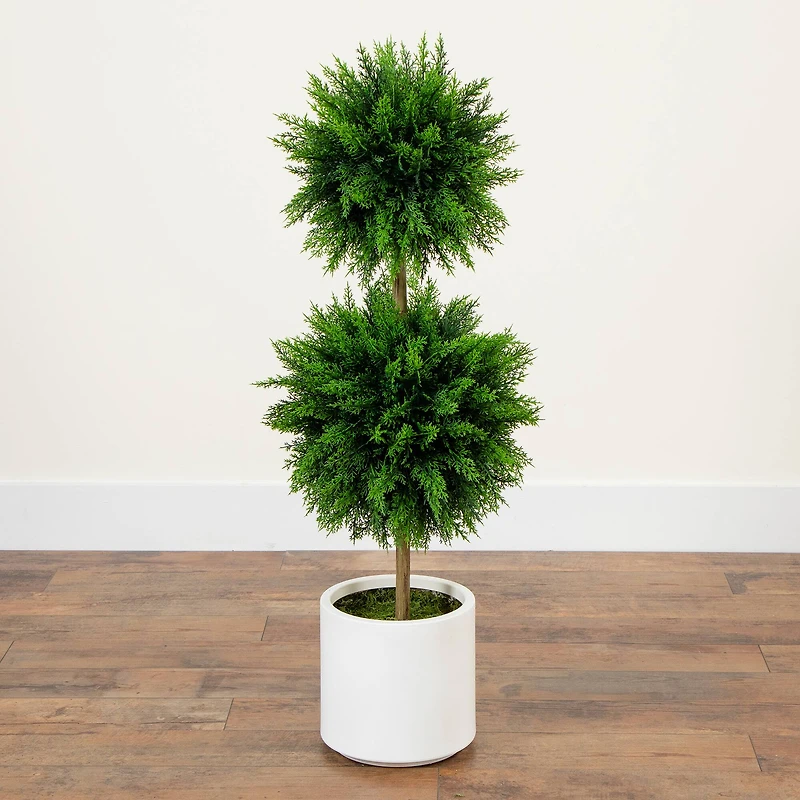 3.5ft. UV Resistant Cedar Double Ball Topiary Tree in White Decorative Planter