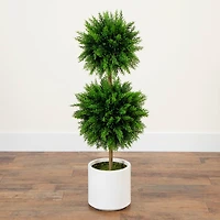 3.5ft. UV Resistant Cedar Double Ball Topiary Tree in White Decorative Planter