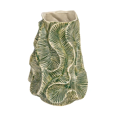 Hello Honey® 12.75" Green Textured Stoneware Organic Shaped Vase with Reactive Glaze