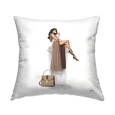 Stupell Industries Glam Woman Trendy Upscale Coffee Cup Throw Pillow, 18" x 18"