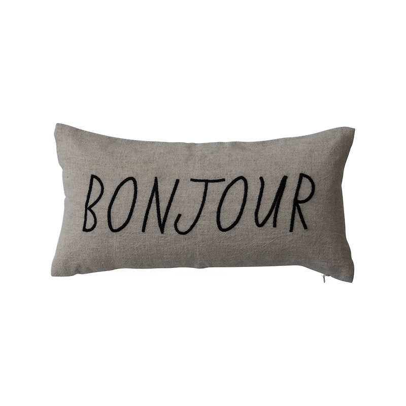 Hello Honey® 18" Natural & Black Bonjour Embroidered Linen Blend Lumbar Pillow