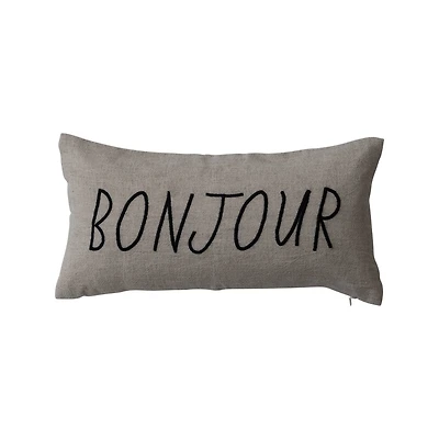 Hello Honey® 18" Natural & Black Bonjour Embroidered Linen Blend Lumbar Pillow