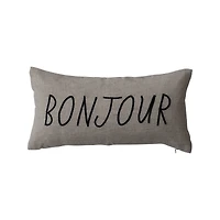 Hello Honey® 18" Natural & Black Bonjour Embroidered Linen Blend Lumbar Pillow