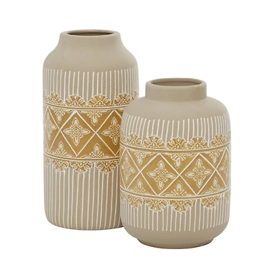 Set of 2 Beige Ceramic Boho Style Vase 9", 11"