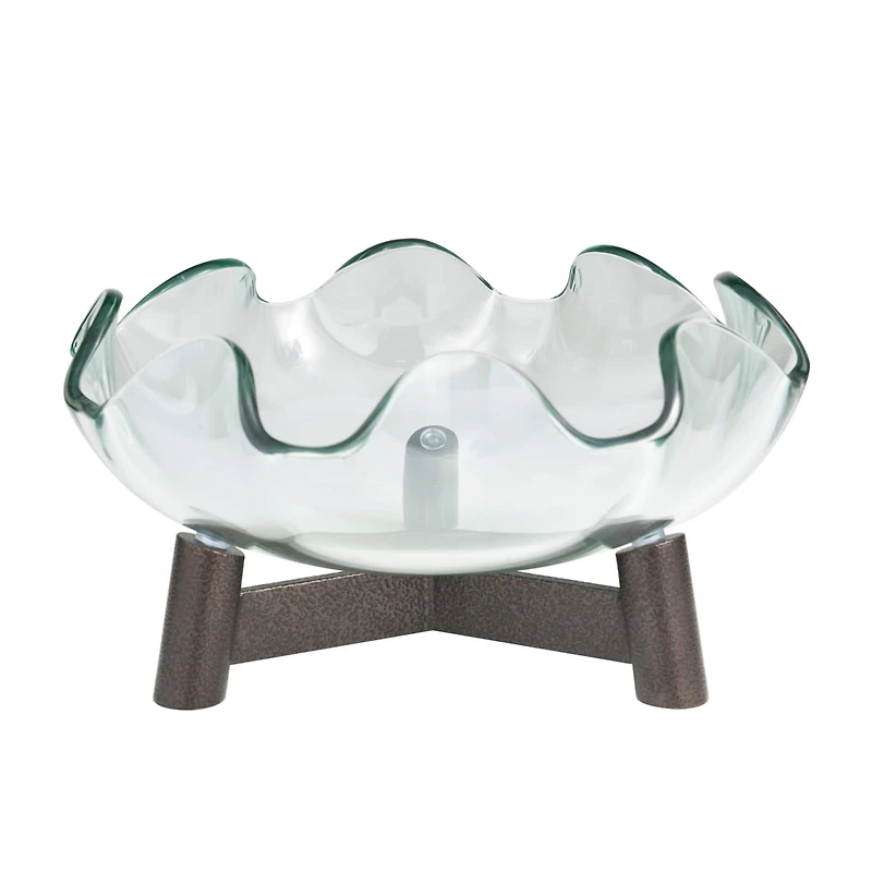 9" Clear Glass Floral Inspired Serving Bowl with Bronze Hammered Y-Shaped Stand