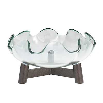 9" Clear Glass Floral Inspired Serving Bowl with Bronze Hammered Y-Shaped Stand