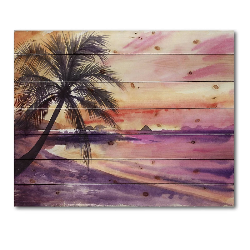 Designart - Pink and Purple Palm Beach Sunset