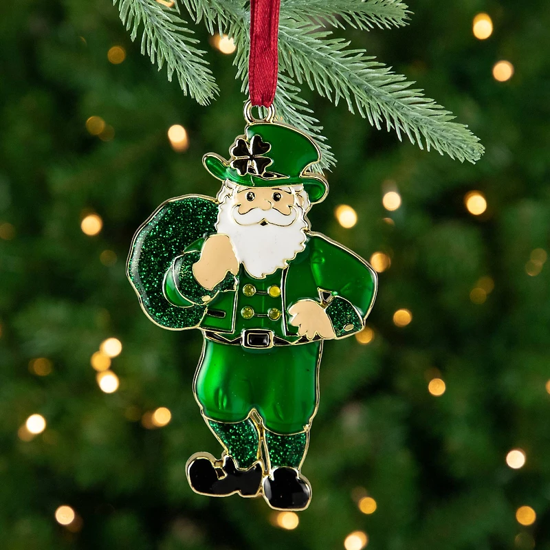 3.5" Green Brass-Plated Irish Santa Christmas Ornament with European Crystals