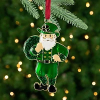 3.5" Green Brass-Plated Irish Santa Christmas Ornament with European Crystals