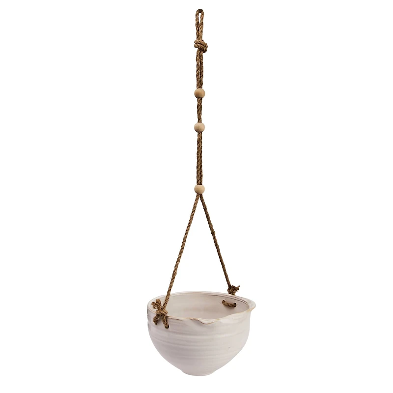 Hello Honey® 7.5" Hanging Stoneware Planter with Wood Beaded Rope