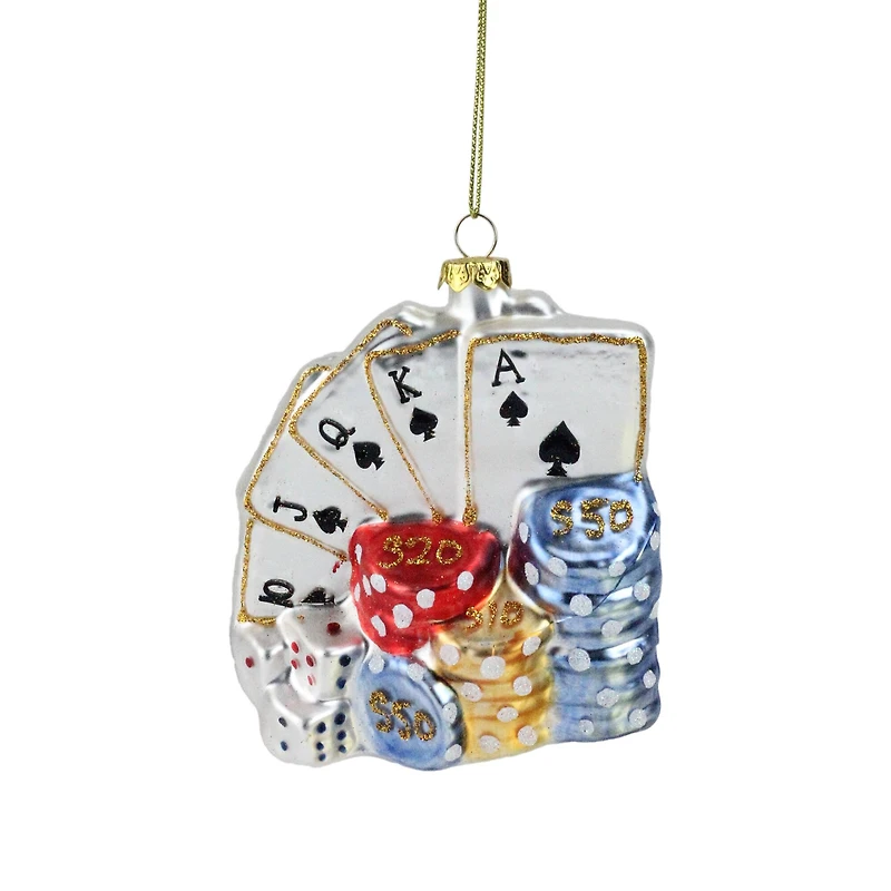 4" Silver & Blue Poker Playing Cards with Dice & Chips Christmas Ornament