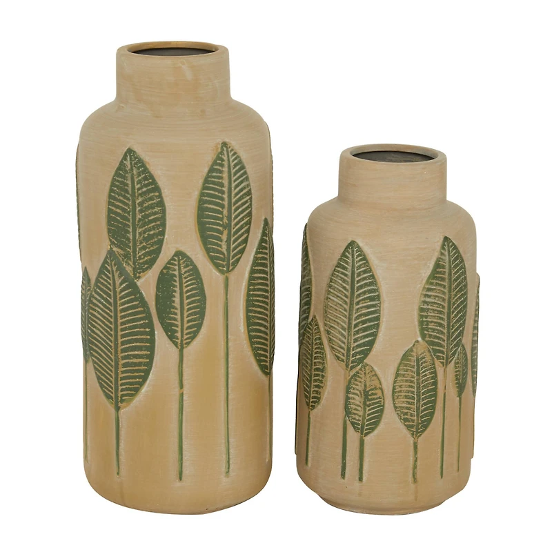 Set of 2 Beige Stoneware Coastal Style Vase, 11", 14"