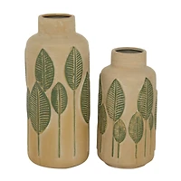 Set of 2 Beige Stoneware Coastal Style Vase, 11", 14"