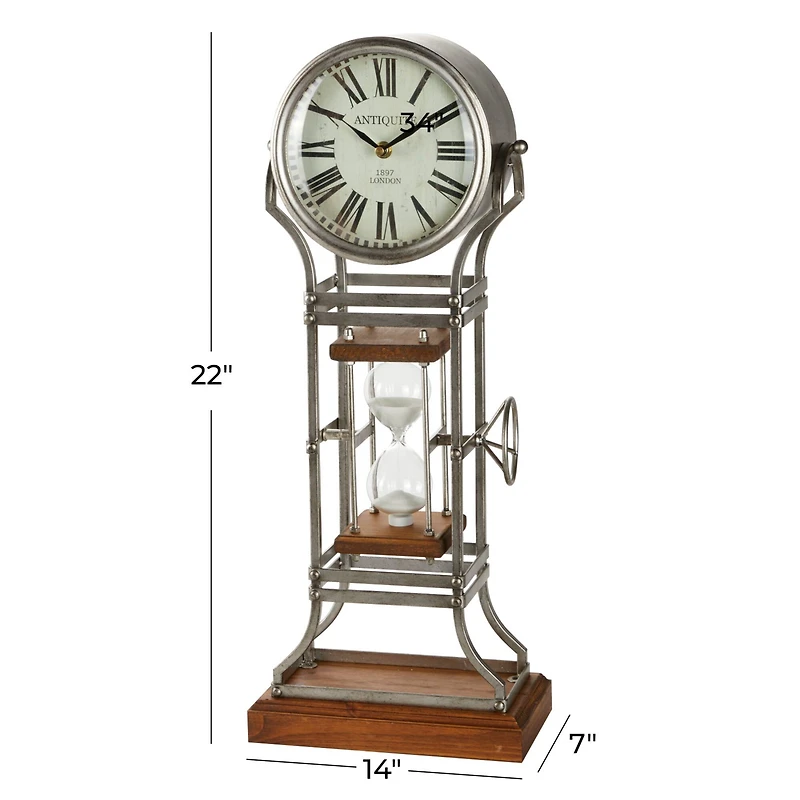 23" Gray Metal Rustic Clock With Hourglass