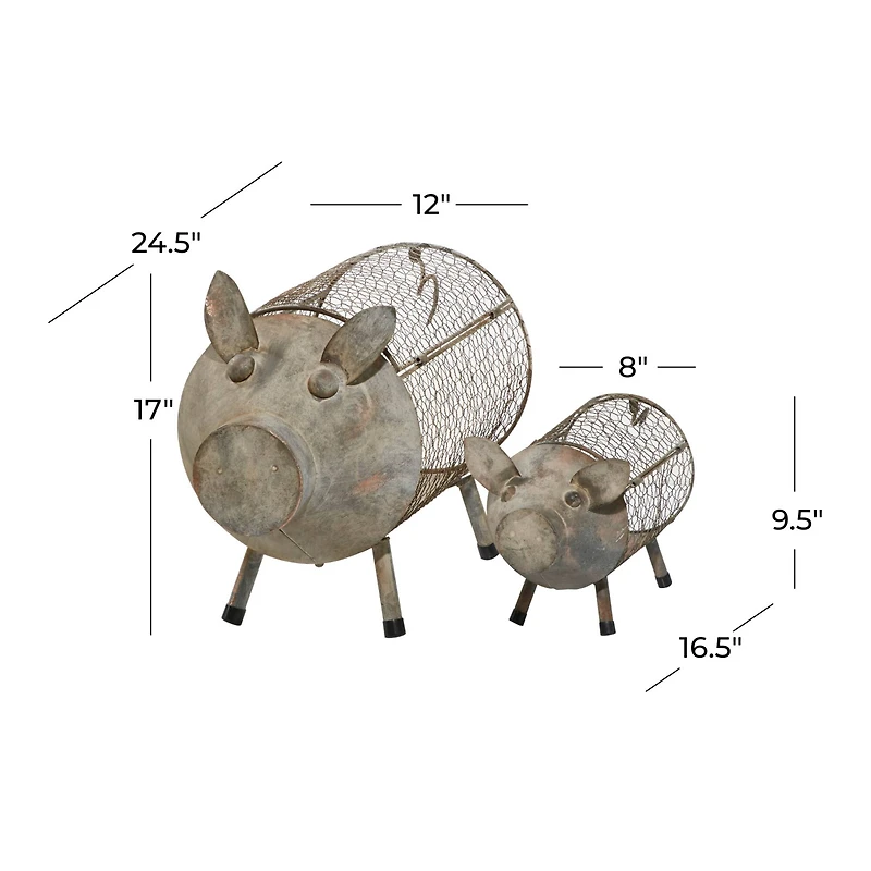 Gray Distressed Metal Farmhouse Pig Planter Set