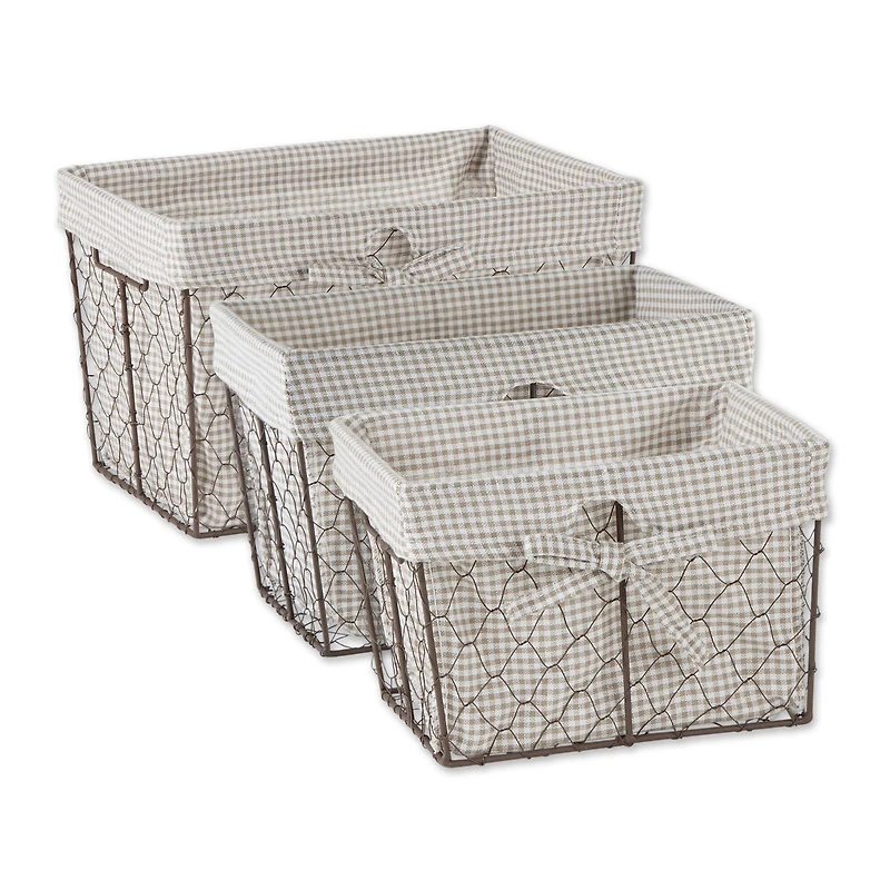 DII® Rustic Bronze Chicken Wire Baskets with Stone Gingham Liners Set