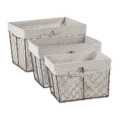 DII® Rustic Bronze Chicken Wire Baskets with Stone Gingham Liners Set