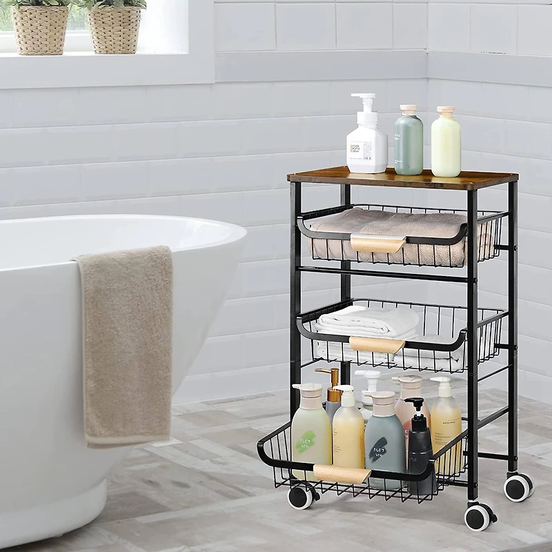 Black Fruit Storage Basket Kitchen Rolling Cart