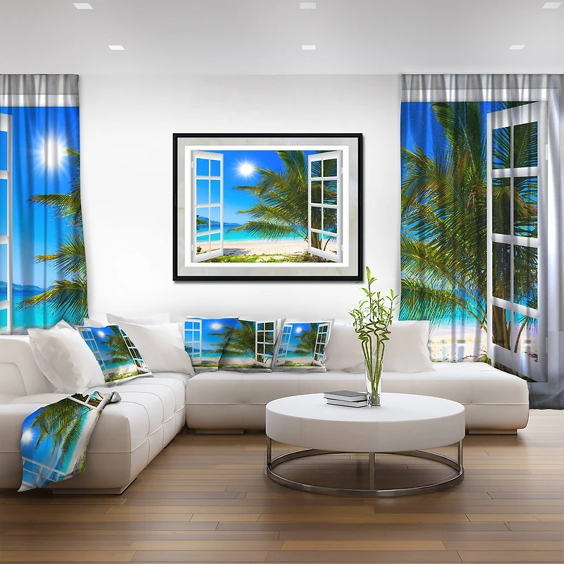 Designart - Window Open to Beach with Palm