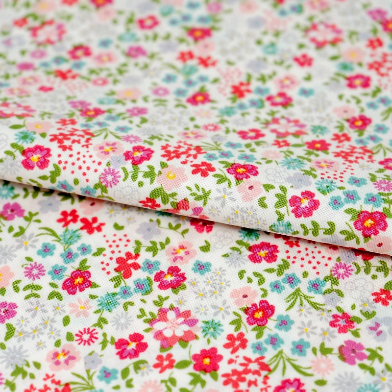 SINGER Pink Small Floral White Cotton Fabric