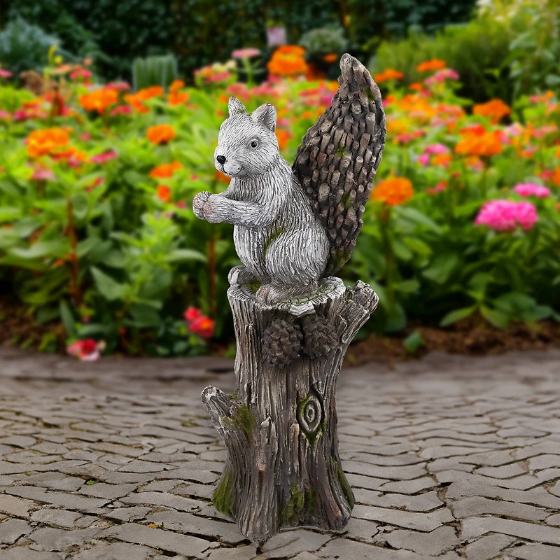 22.75" Squirrel on Tree Stump Outdoor Garden Statue