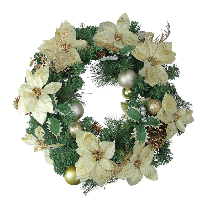 24" Pre-Decorated Gold Poinsettia & Ball Artificial Wreath