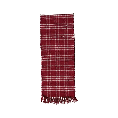 Hello Honey® 72" Red & White Plaid Hand-Woven Cotton Chindi Table Runner with Fringe