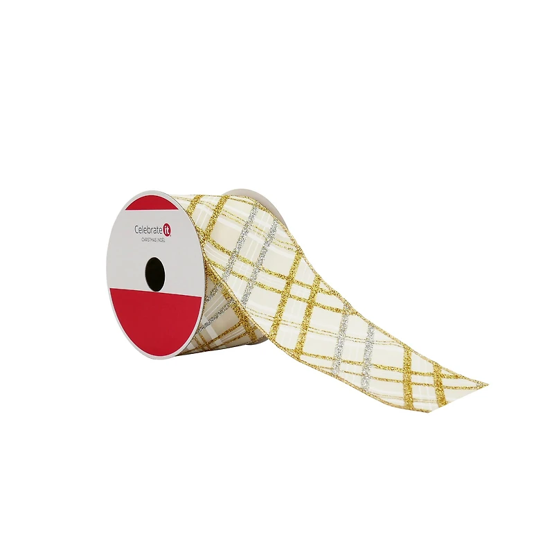 2.5" x 20ft. Gold Glitter Plaid Wired Taffeta Ribbon by Celebrate It®