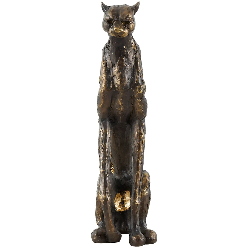 19" Bronze Polystone Distressed Textured Sitting Leopard Sculpture with Cutouts & Gold Accents