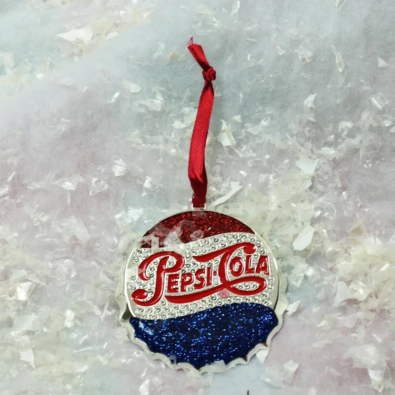 3" Sequined & Glitter Blue & Red "PEPSI COLA" Bottle Cap Logo Christmas Ornament
