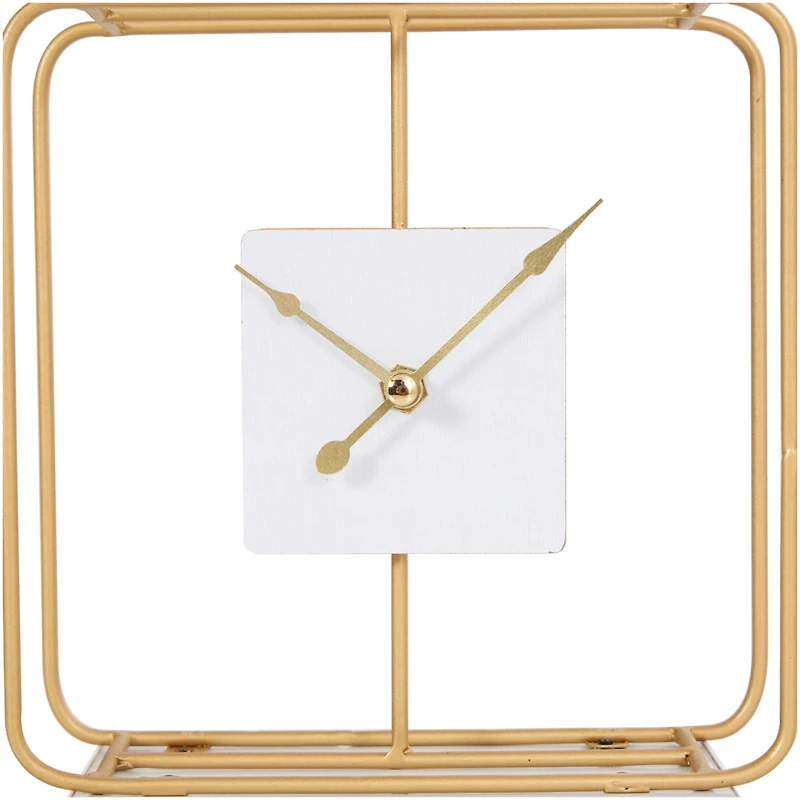 8" Gold Metal Geometric Open Frame Clock with White Clockface & Base