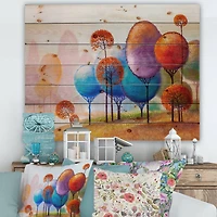 Designart - Colourful Trees Impression III - Traditional Print on Natural Pine Wood