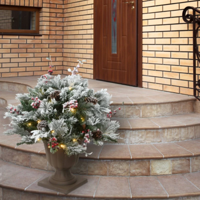 22" Snowy Bedford Urn Filler with Battery Operated LED Lights