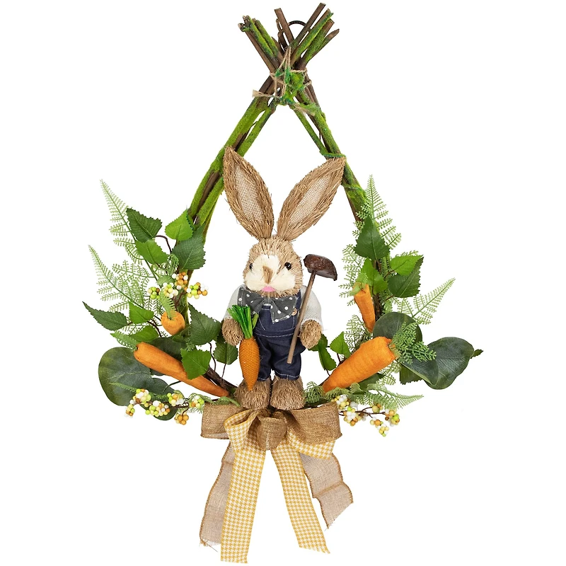 22" Green & Orange Farmer Bunny Moss Vines Teardrop Easter Wreath