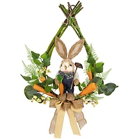22" Green & Orange Farmer Bunny Moss Vines Teardrop Easter Wreath