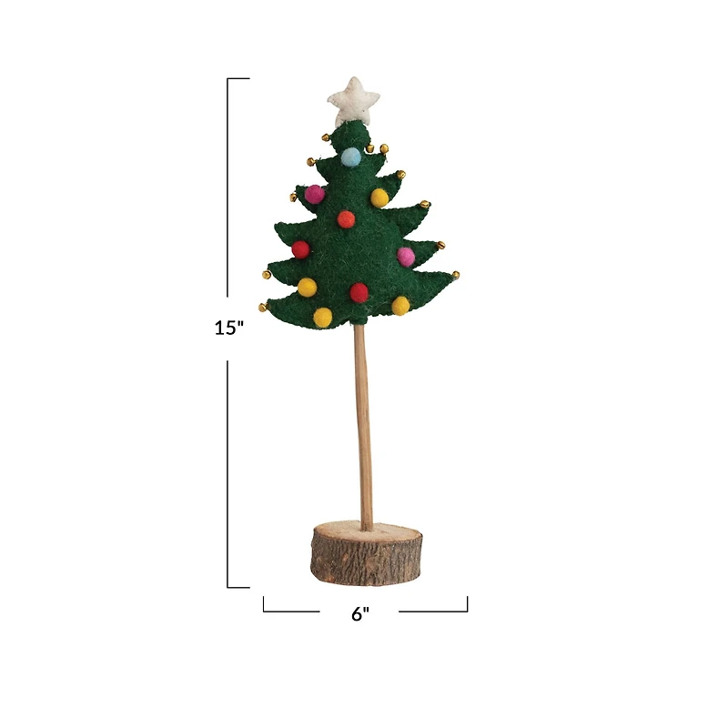 Hello Honey® 15" Star-Topped Handmade Wool Felt Tree with Pom Poms, Jingle Bells & Wood Slice Base