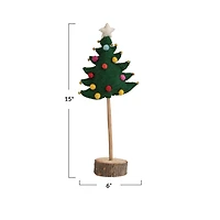 Hello Honey® 15" Star-Topped Handmade Wool Felt Tree with Pom Poms, Jingle Bells & Wood Slice Base